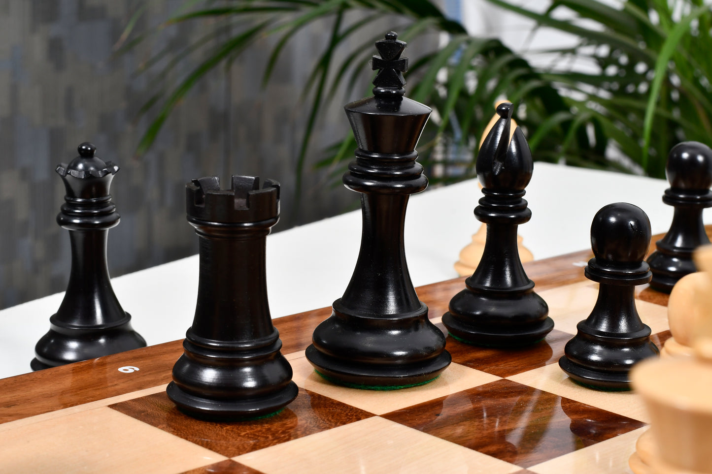 Derby Knight Chessmen in Ebonized Wood- 4.1" King with 21" Notation Board