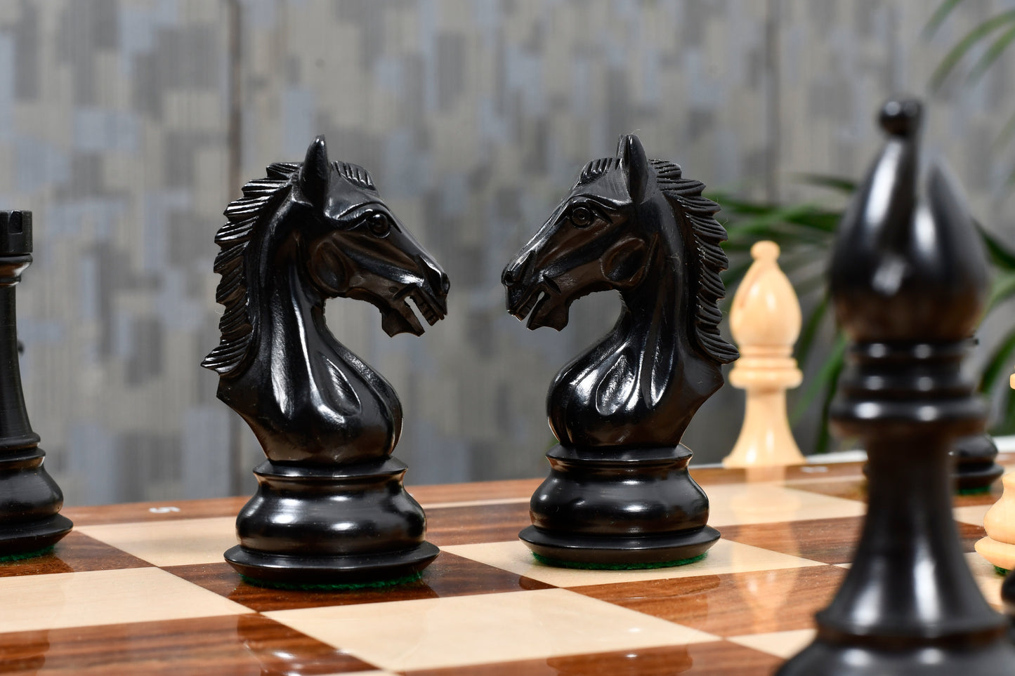 Derby Knight Chessmen in Ebonized Wood- 4.1" King with 21" Notation Board