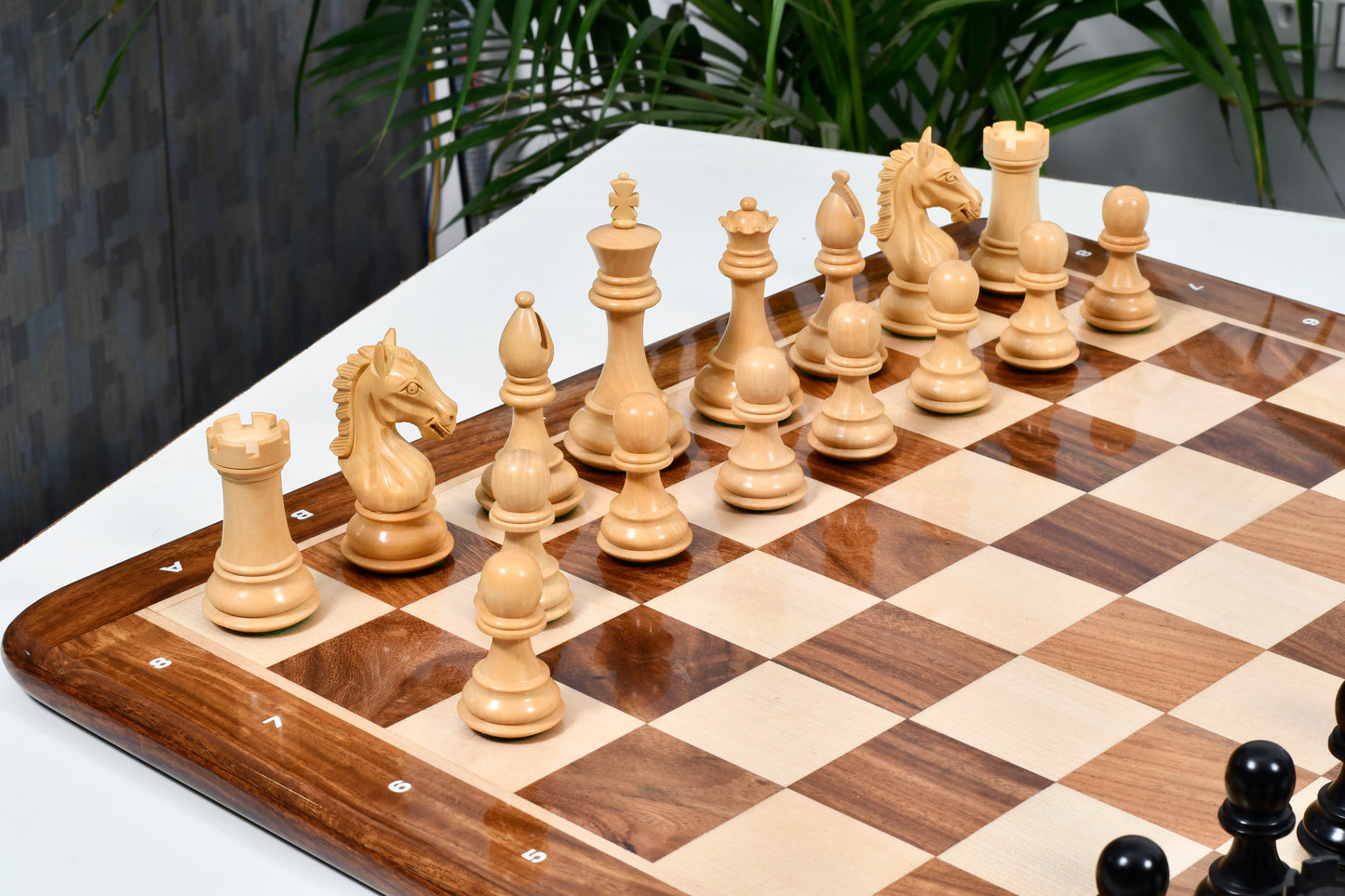 Derby Knight Chessmen in Ebonized Wood- 4.1" King with 21" Notation Board