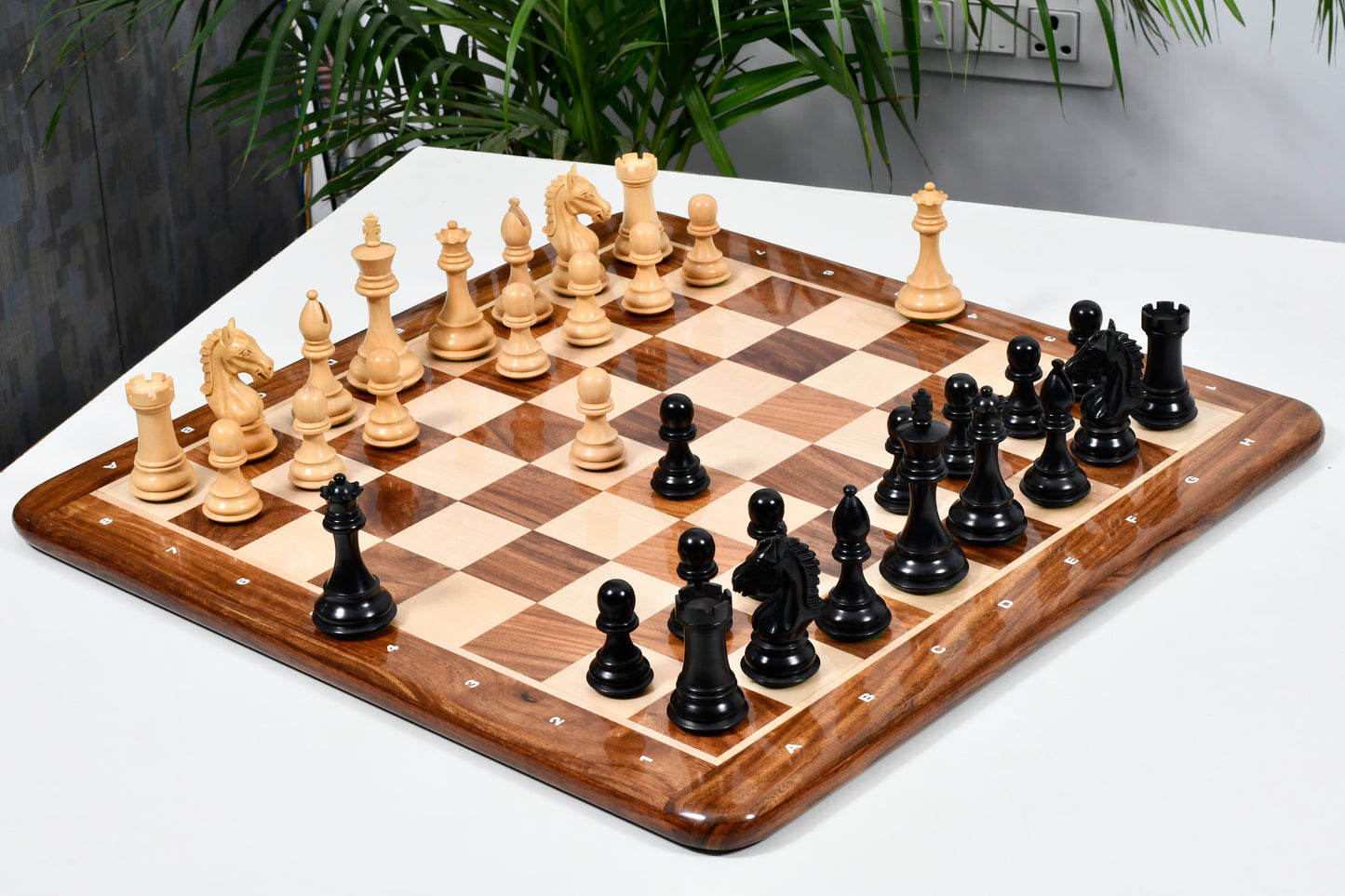 Derby Knight Chessmen in Ebonized Wood- 4.1" King with 21" Notation Board