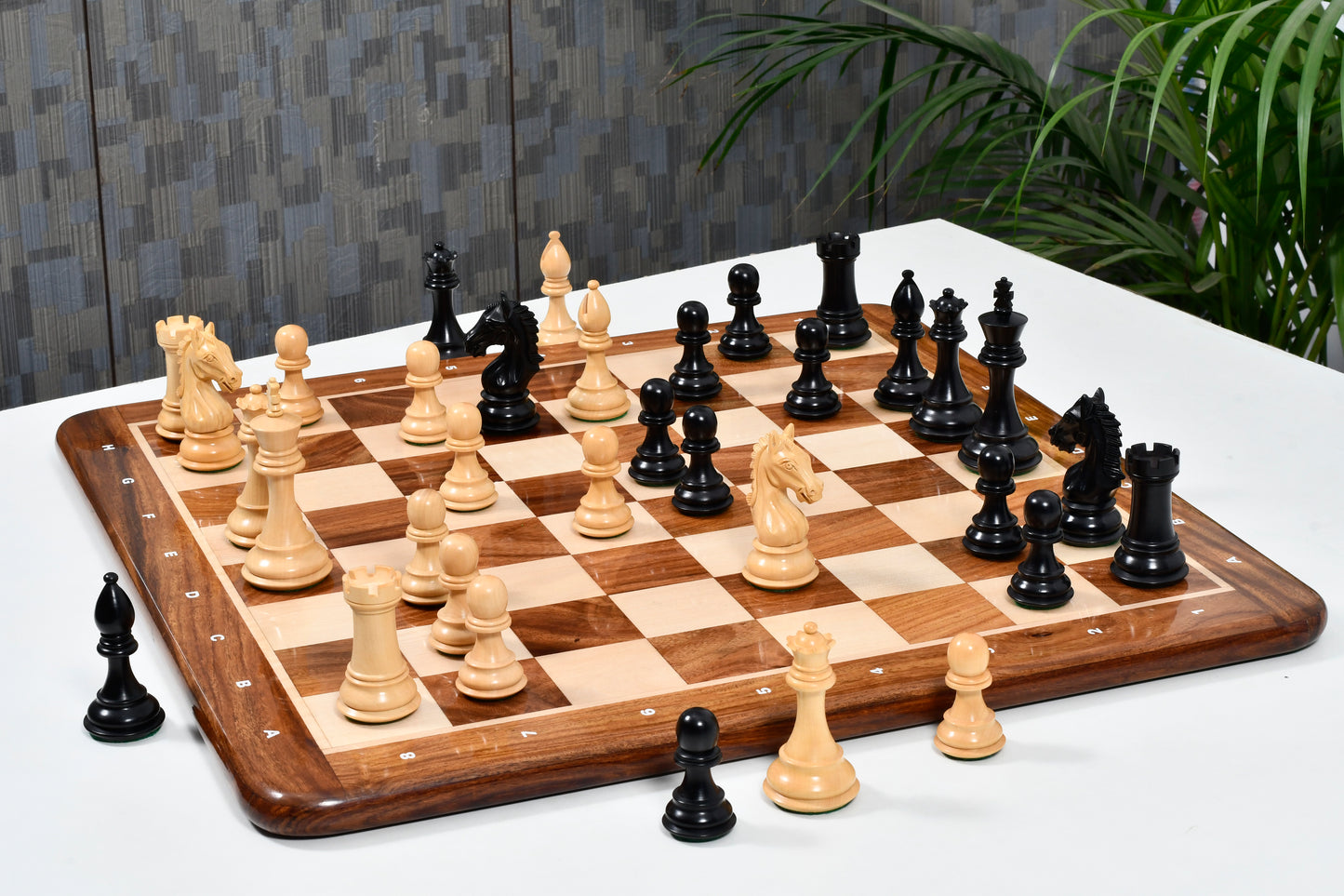 Derby Knight Chessmen in Ebonized Wood- 4.1" King with 21" Notation Board