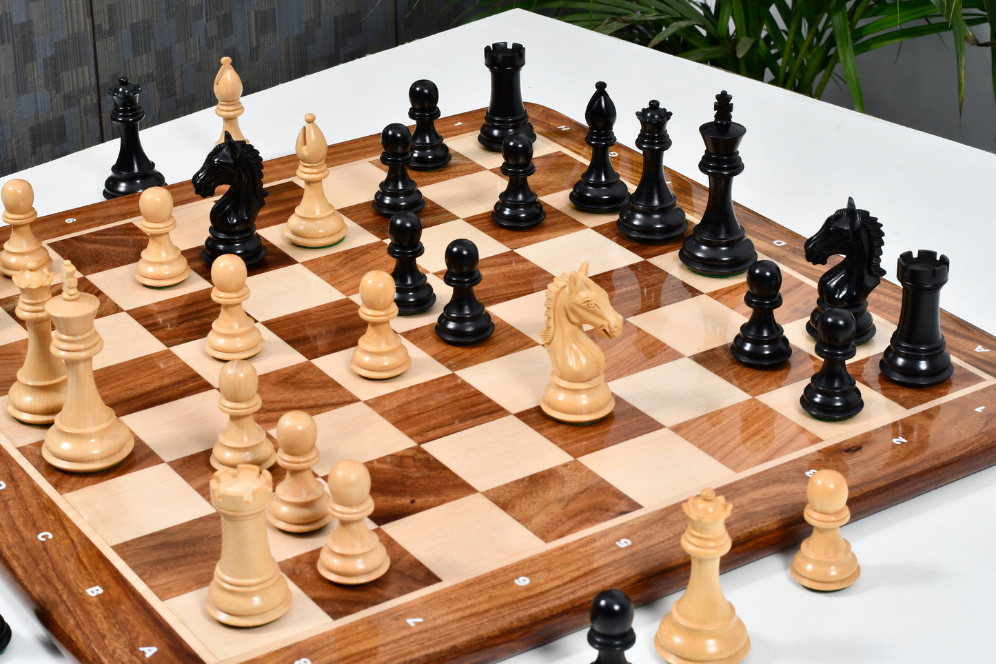 Derby Knight Chessmen in Ebonized Wood- 4.1" King with 21" Notation Board