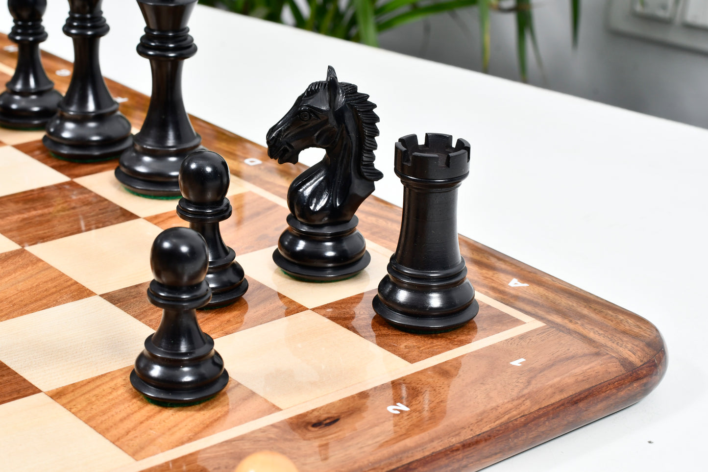 Derby Knight Chessmen in Ebonized Wood- 4.1" King with 21" Notation Board