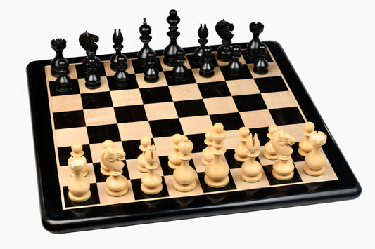 Reproduced Antique Dublin Pattern Calvert Chess Pieces in Ebonized & Natural Boxwood With Board & Storage Box- 4.1" King