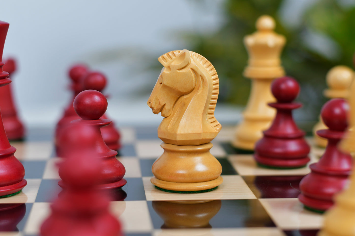 1950 Reproduced Dubrovnik Bobby Fischer Chessmen Version 3.0 in Stained Crimson Boxwood / Box Wood - 3.7" King