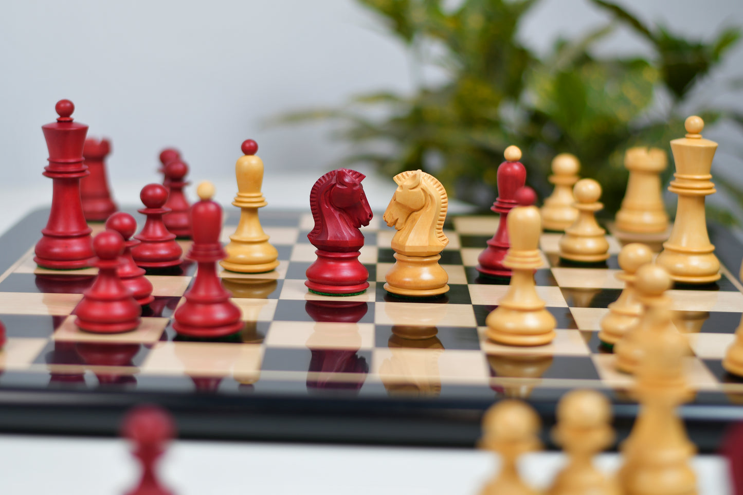 1950 Reproduced Dubrovnik Bobby Fischer Chessmen Version 3.0 in Stained Crimson Boxwood / Box Wood - 3.7" King