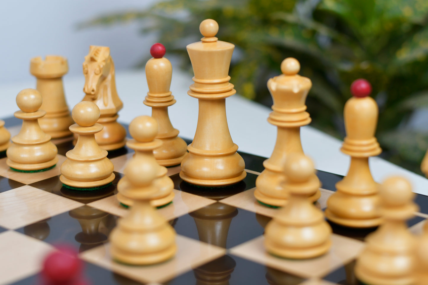 1950 Reproduced Dubrovnik Bobby Fischer Chessmen Version 3.0 in Stained Crimson Boxwood / Box Wood - 3.7" King