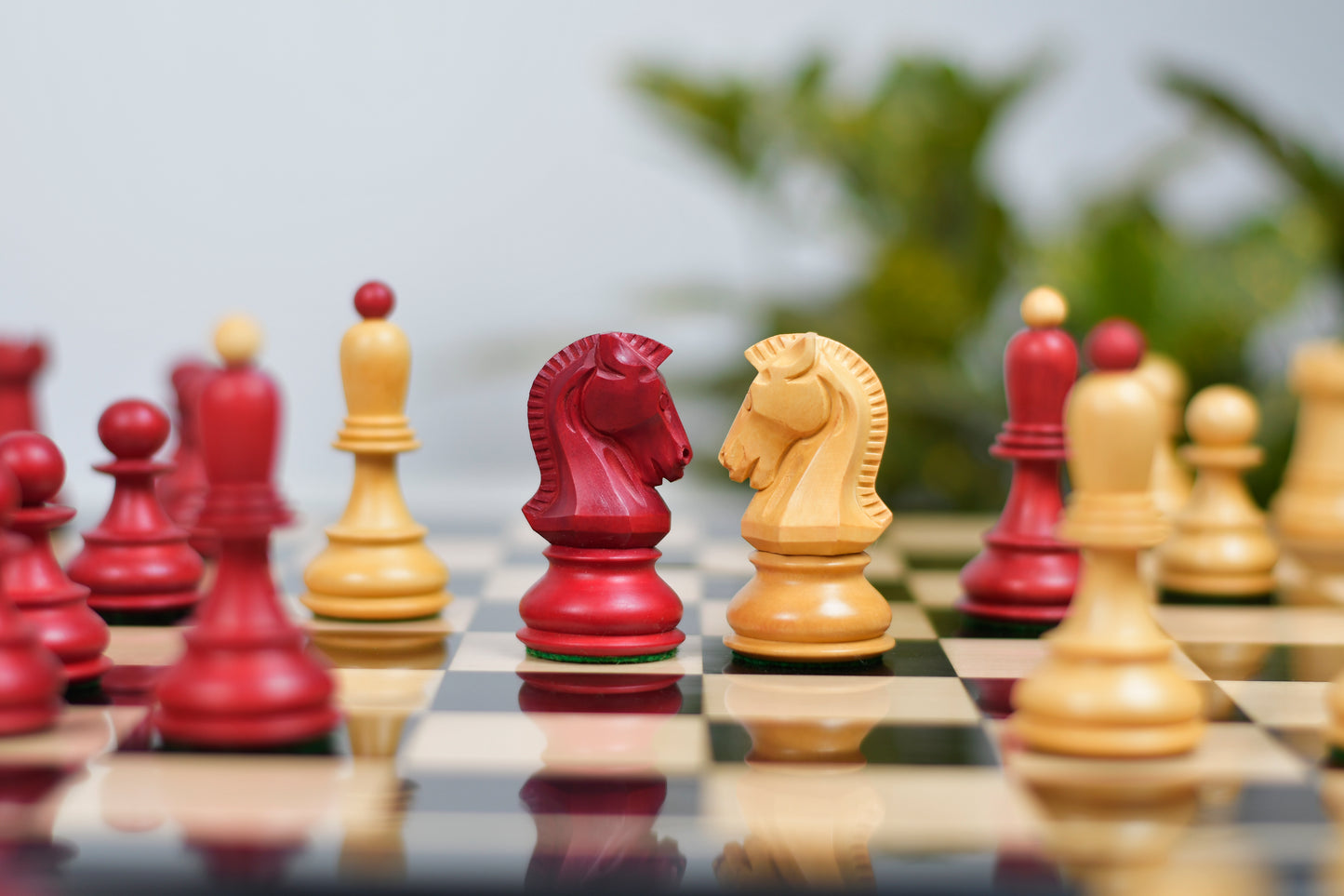 1950 Reproduced Dubrovnik Bobby Fischer Chessmen Version 3.0 in Stained Crimson Boxwood / Box Wood - 3.7" King