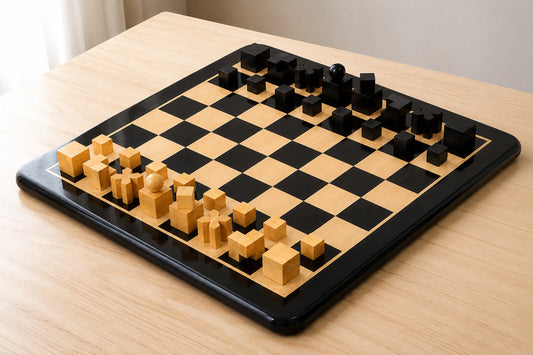 Combo of Reproduced 1924 Bauhaus Geometrical Abstract Chessmen in Ebonized Boxwood - 1.9" King with Wooden Chess Board