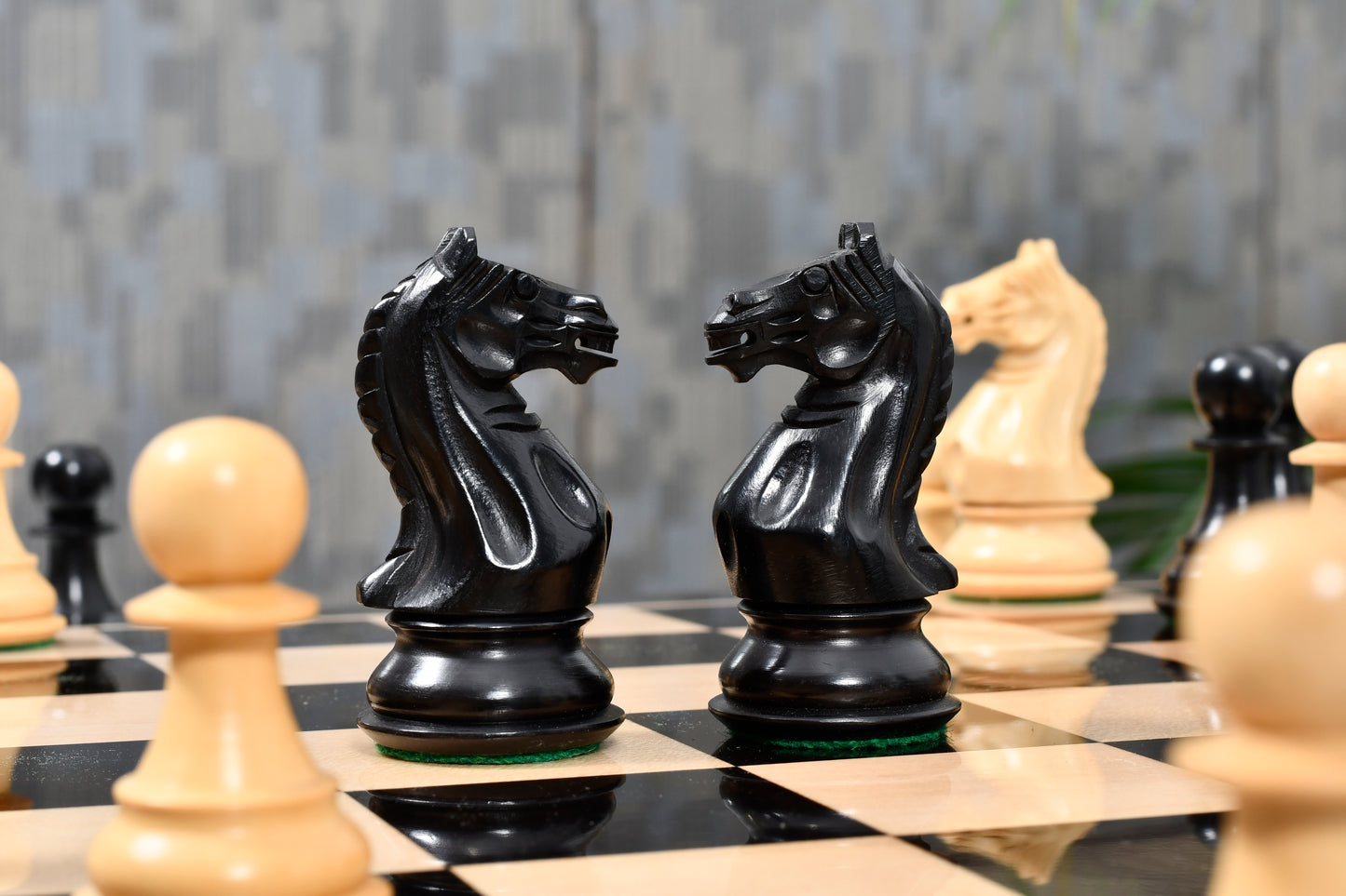 Fierce Knight Chess Pieces in Ebonized/Boxwood - 4.0" King with Board