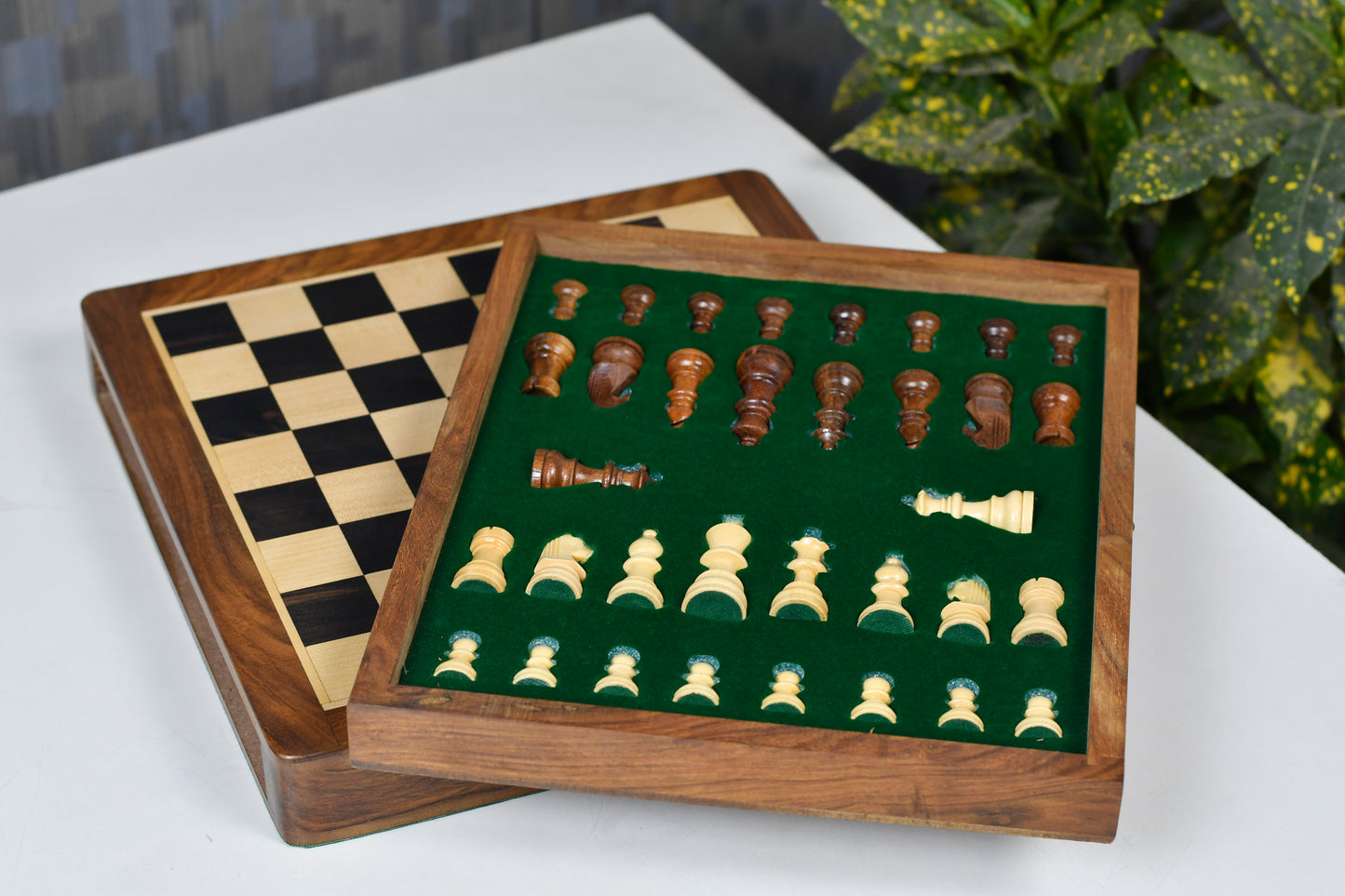 12-Inch Magnetic Travel Chess Set Drawer Storage Matte Finish Genuine Ebony Wood, Extra Queens