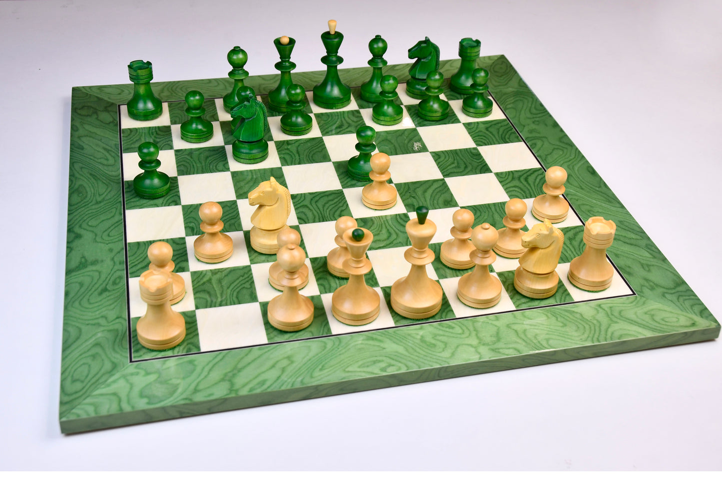 Reproduced Russian (Soviet Era) Series Chess Pieces in Stained Green Ash Burl / Box Wood - 3.7" King