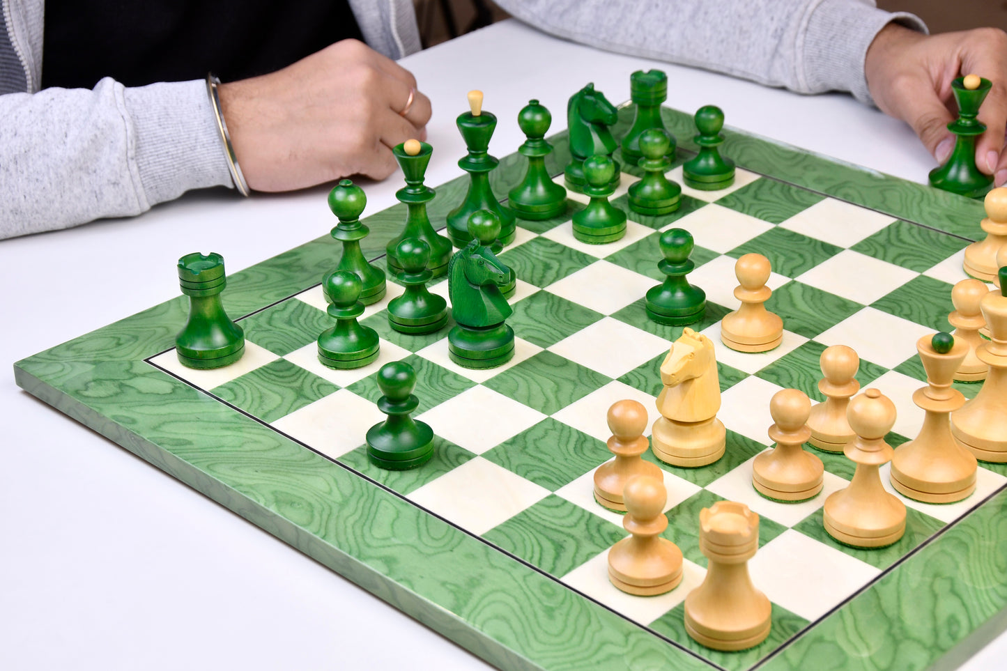 Reproduced Russian (Soviet Era) Series Chess Pieces in Stained Green Ash Burl / Box Wood - 3.7" King