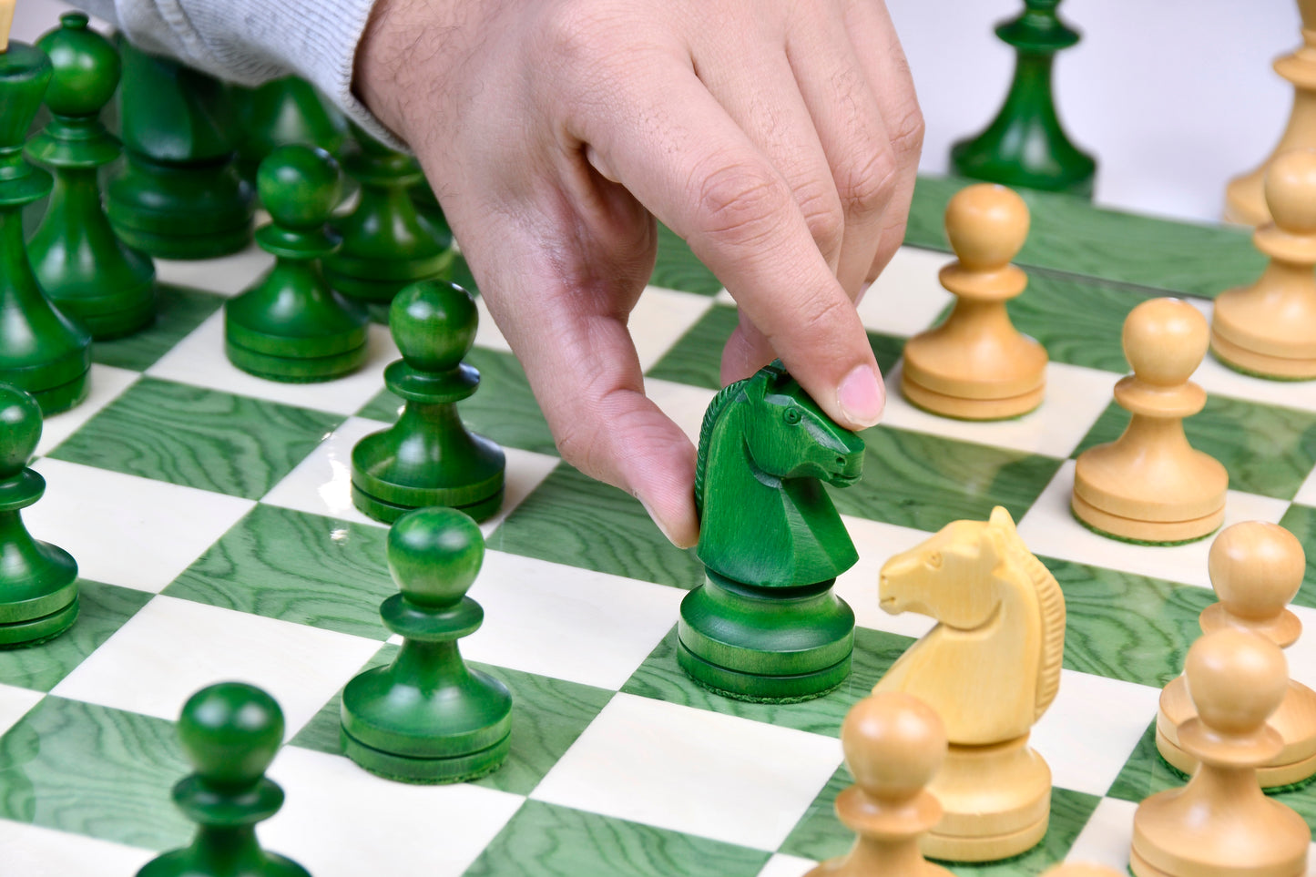 Reproduced Russian (Soviet Era) Series Chess Pieces in Stained Green Ash Burl / Box Wood - 3.7" King