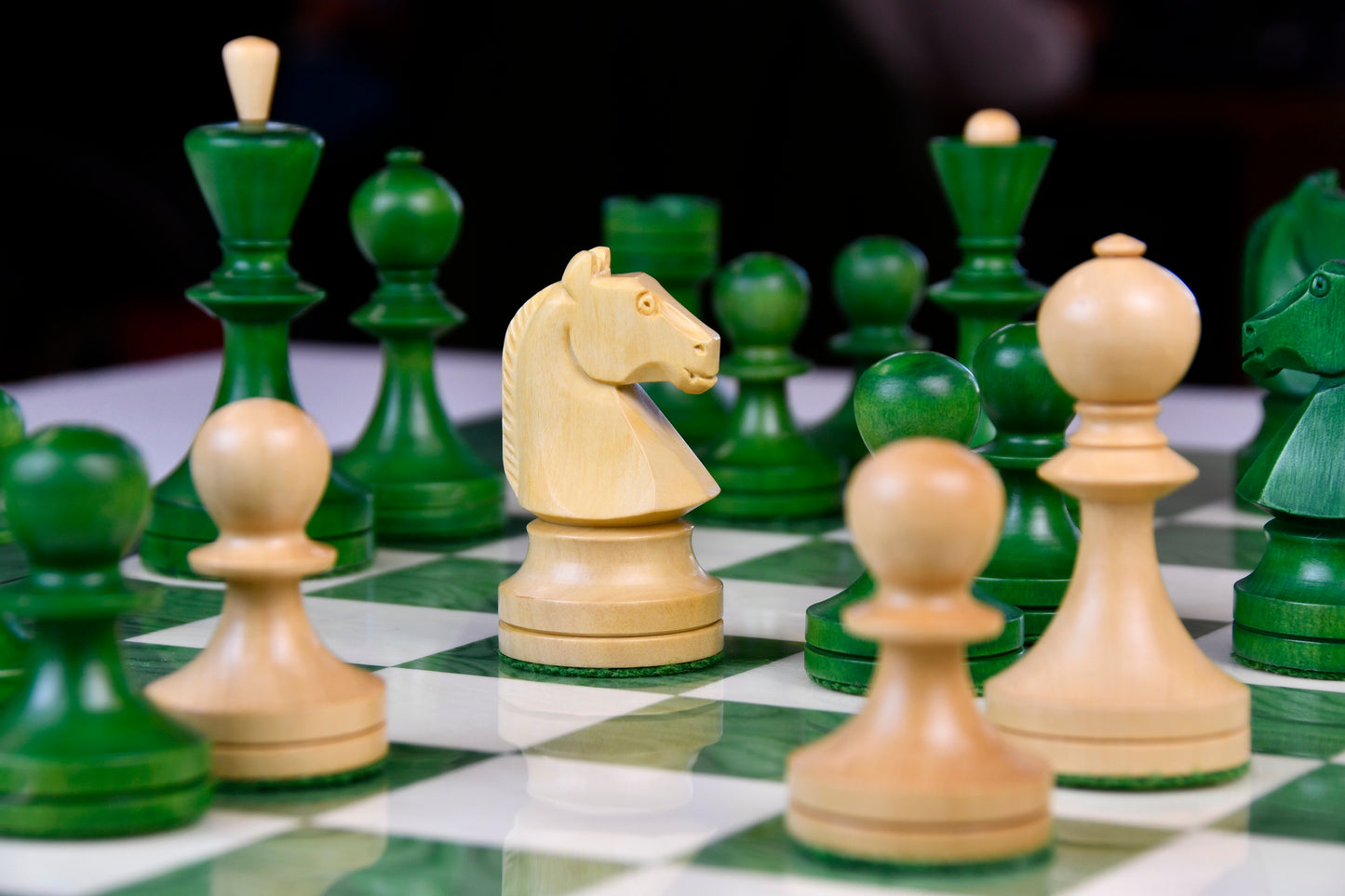 Reproduced Russian (Soviet Era) Series Chess Pieces in Stained Green Ash Burl / Box Wood - 3.7" King