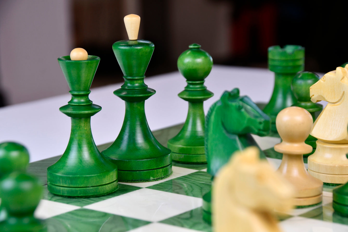 Reproduced Russian (Soviet Era) Series Chess Pieces in Stained Green Ash Burl / Box Wood - 3.7" King