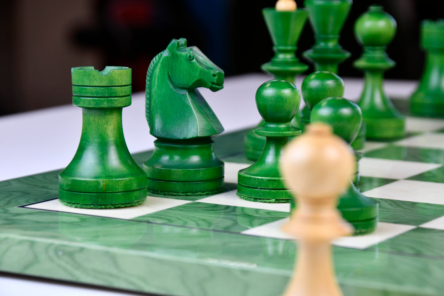 Reproduced Russian (Soviet Era) Series Chess Pieces in Stained Green Ash Burl / Box Wood - 3.7" King