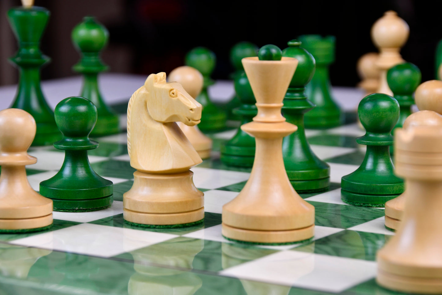 Reproduced Russian (Soviet Era) Series Chess Pieces in Stained Green Ash Burl / Box Wood - 3.7" King