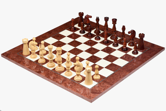 Combo of The Grand Divan Chess Pieces from Simpson's-in-the-Strand in Bud Rosewood & Boxwood with Board & Storage box-4.2" King w/ Extra Queens