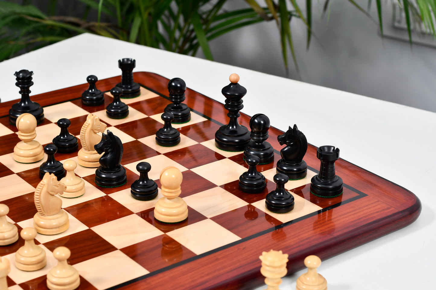 Repro Vintage 1930 German Knubbel Chess Pieces in Ebonized/Boxwood - 3" King with Board
