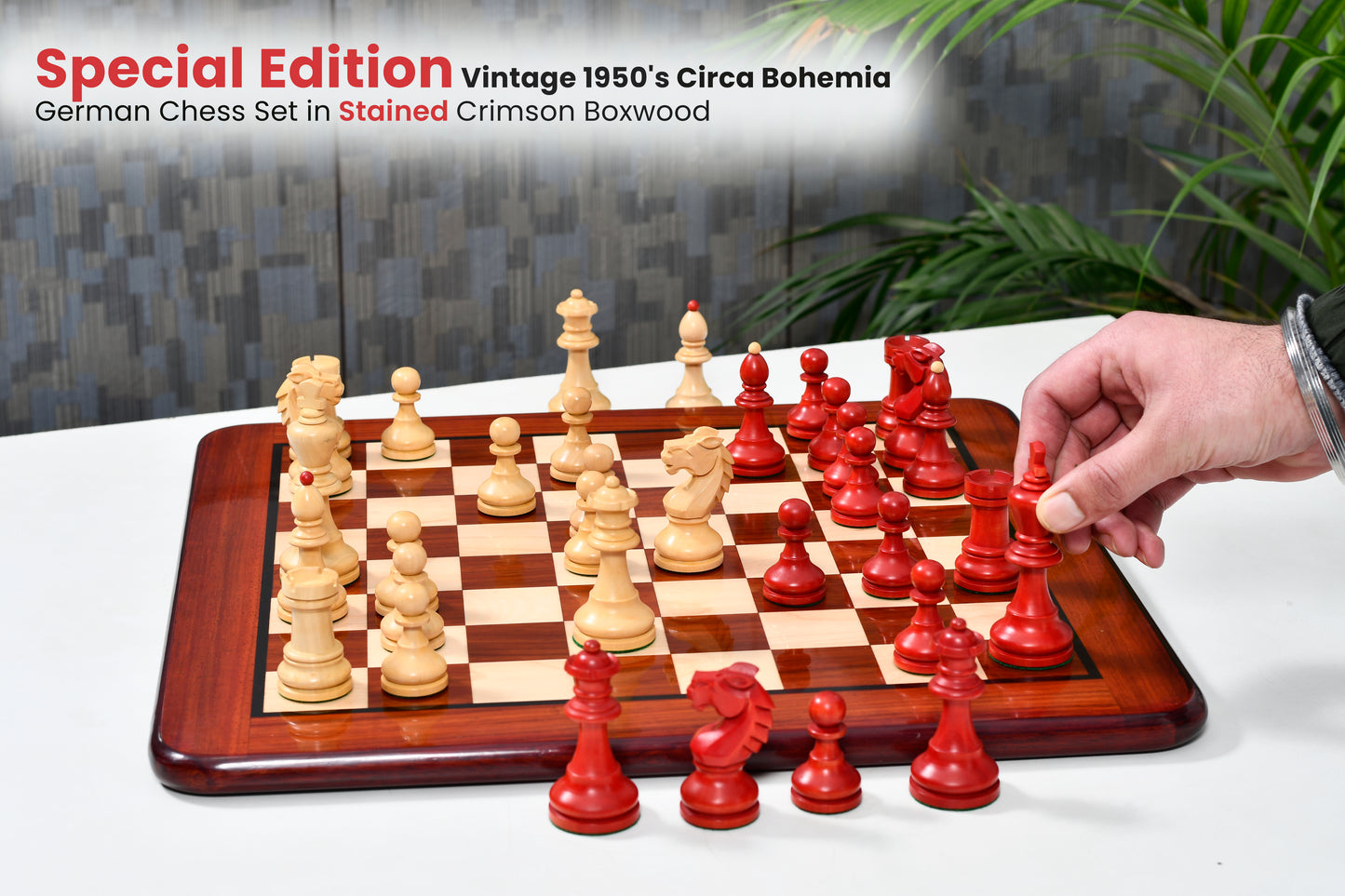 Combo of Special Edition Vintage 1950's Circa Bohemia German Chess Set in Stained Crimson Boxwood / Wooden Chess Board Blood - 3.89"