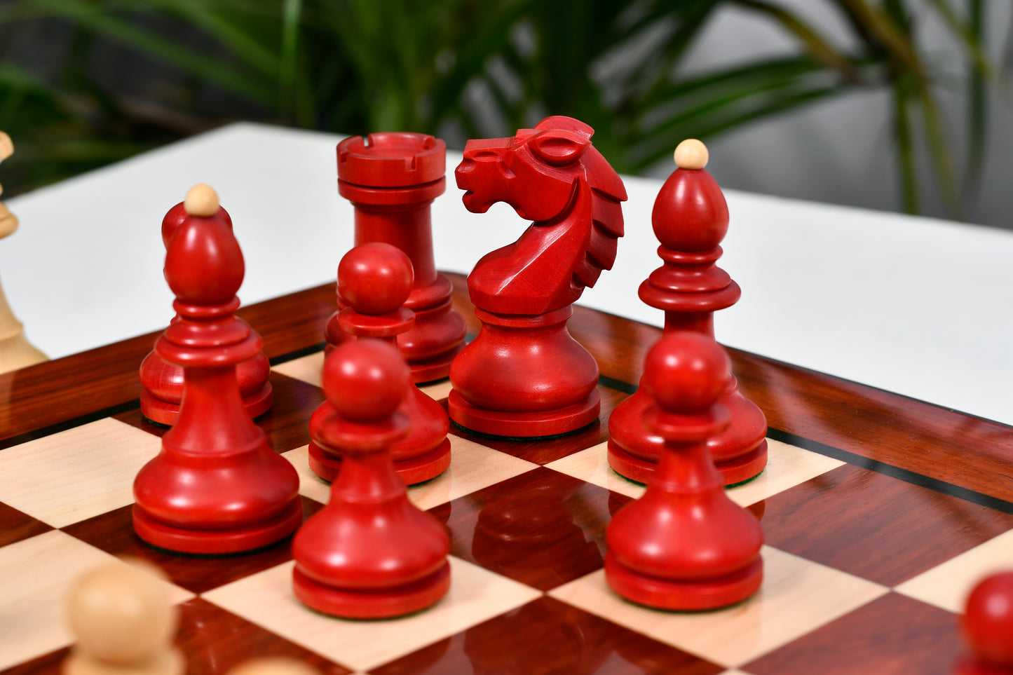 Combo of Special Edition Vintage 1950's Circa Bohemia German Chess Set in Stained Crimson Boxwood / Wooden Chess Board Blood - 3.89"