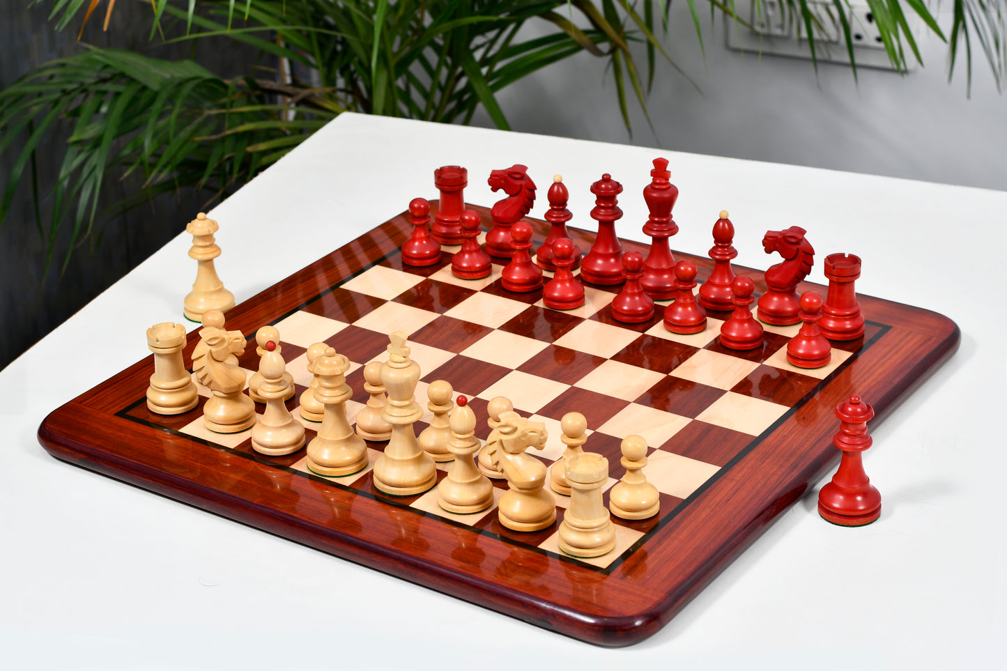 Combo of Special Edition Vintage 1950's Circa Bohemia German Chess Set in Stained Crimson Boxwood / Wooden Chess Board Blood - 3.89"