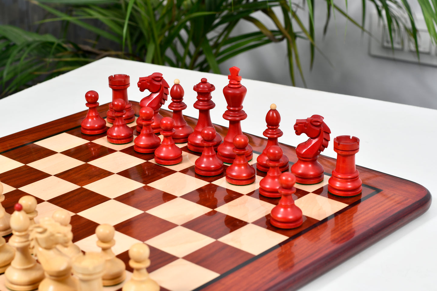 Combo of Special Edition Vintage 1950's Circa Bohemia German Chess Set in Stained Crimson Boxwood / Wooden Chess Board Blood - 3.89"