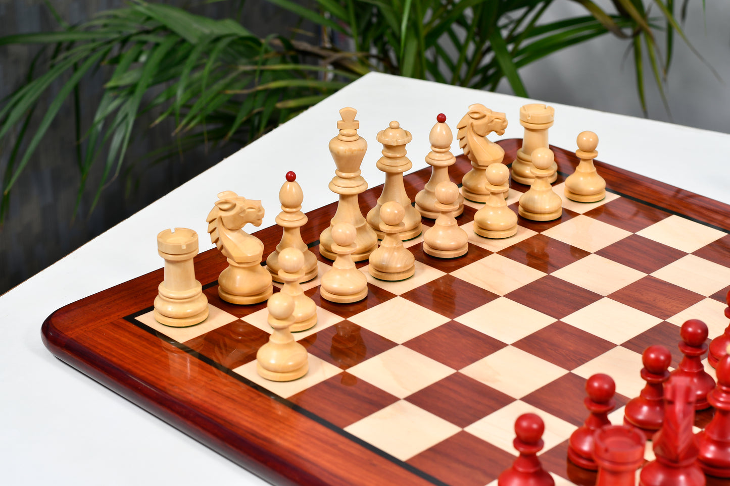 Combo of Special Edition Vintage 1950's Circa Bohemia German Chess Set in Stained Crimson Boxwood / Wooden Chess Board Blood - 3.89"