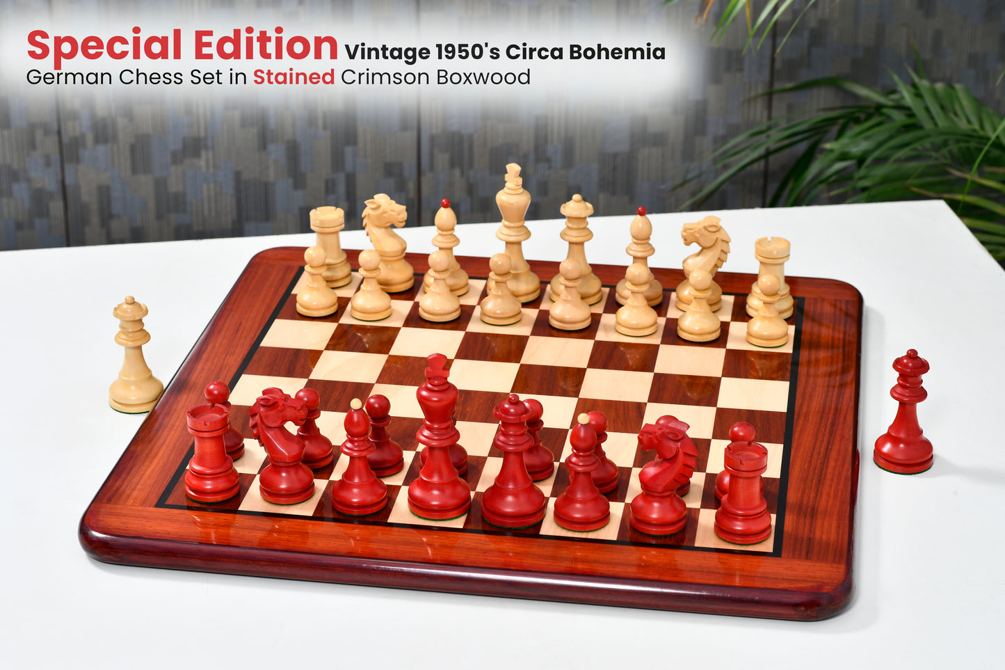 Combo of Special Edition Vintage 1950's Circa Bohemia German Chess Set in Stained Crimson Boxwood / Wooden Chess Board Blood - 3.89"