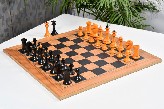 Combo The 1950s Soviet (Russian) Latvian Reproduced Chess Pieces in Ebonized Boxwood / Antiqued Boxwood - 4.1" King with Chess Board