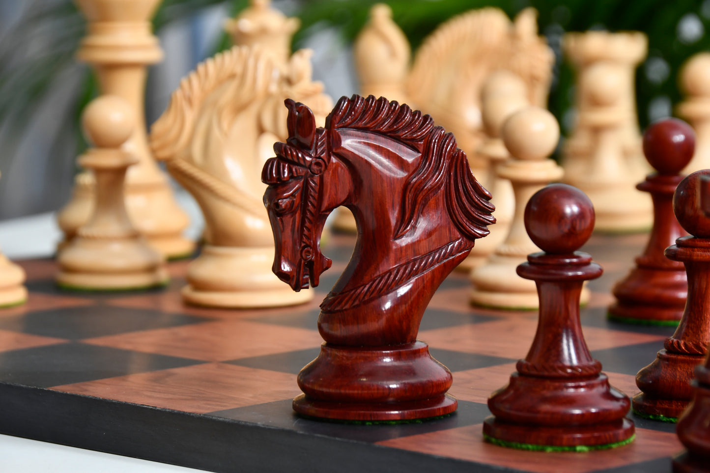 Excalibur Luxury Artisan Series Chess Pieces in Bud Rosewood / Box Wood - 4.6" King with Borderless Design Minimalist Chessboard