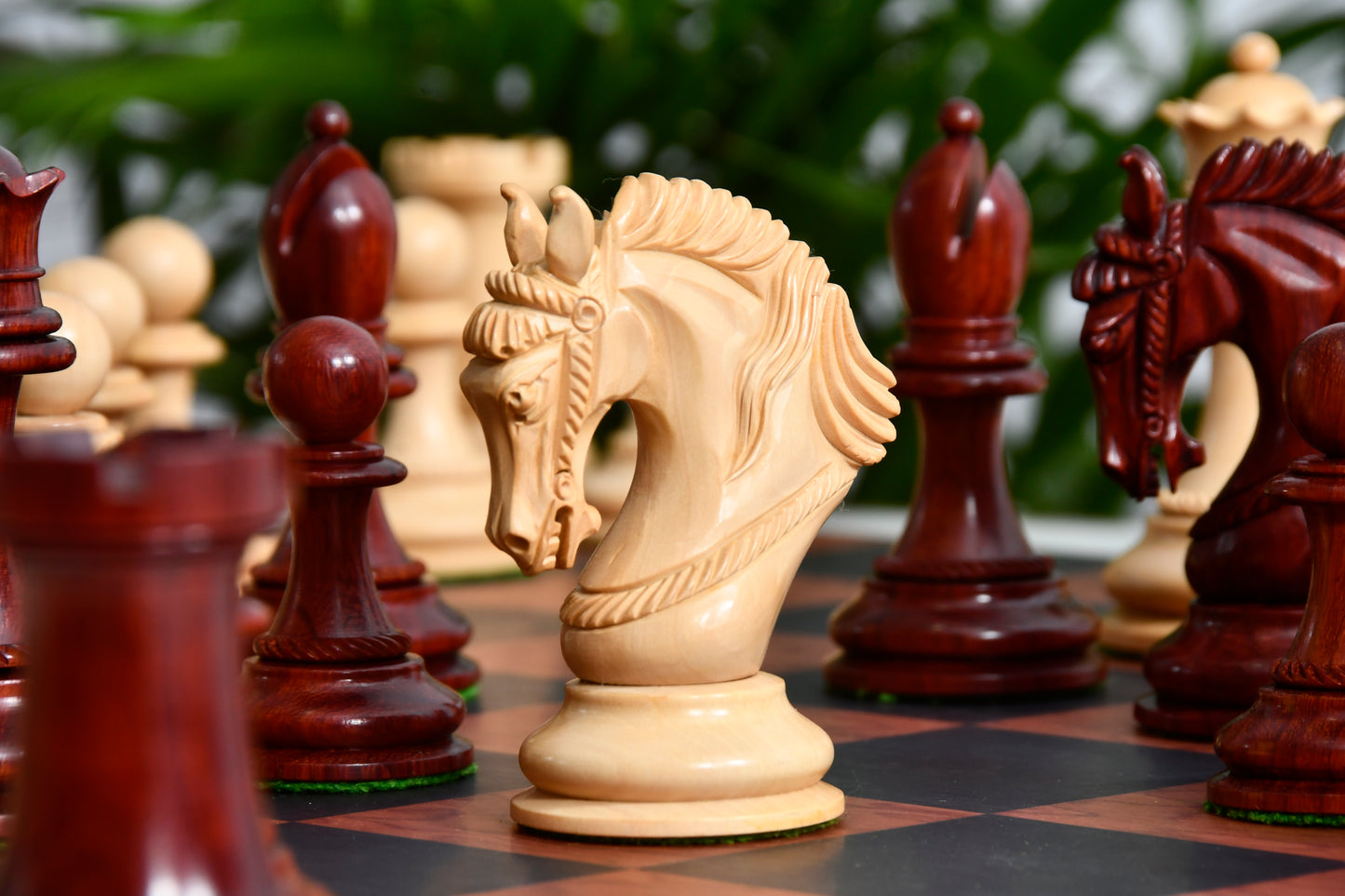 Excalibur Luxury Artisan Series Chess Pieces in Bud Rosewood / Box Wood - 4.6" King with Borderless Design Minimalist Chessboard