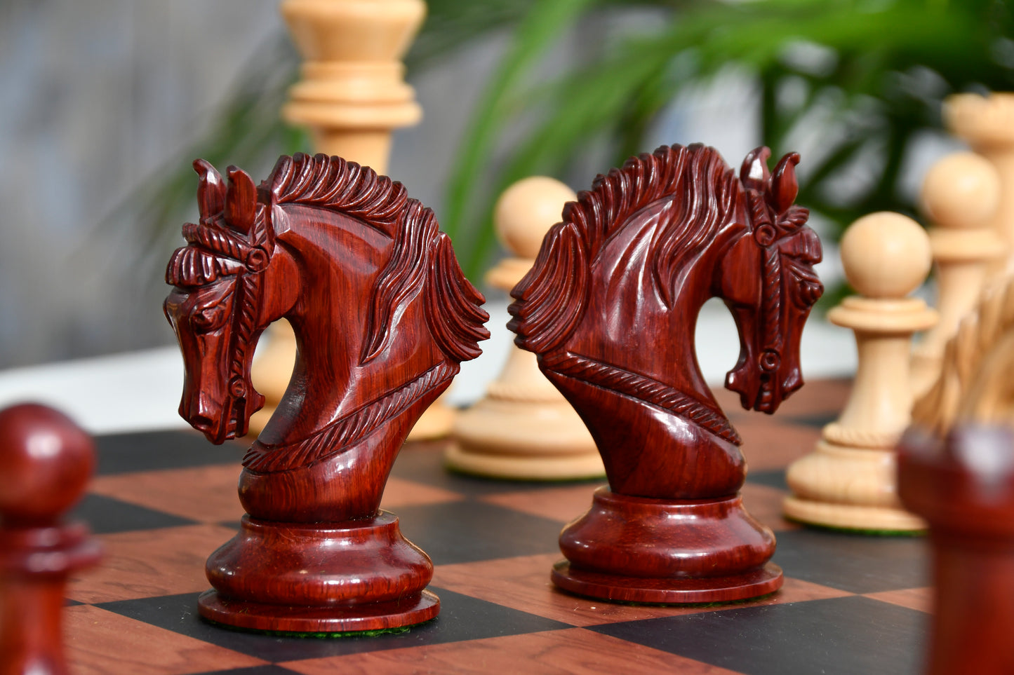 Excalibur Luxury Artisan Series Chess Pieces in Bud Rosewood / Box Wood - 4.6" King with Borderless Design Minimalist Chessboard