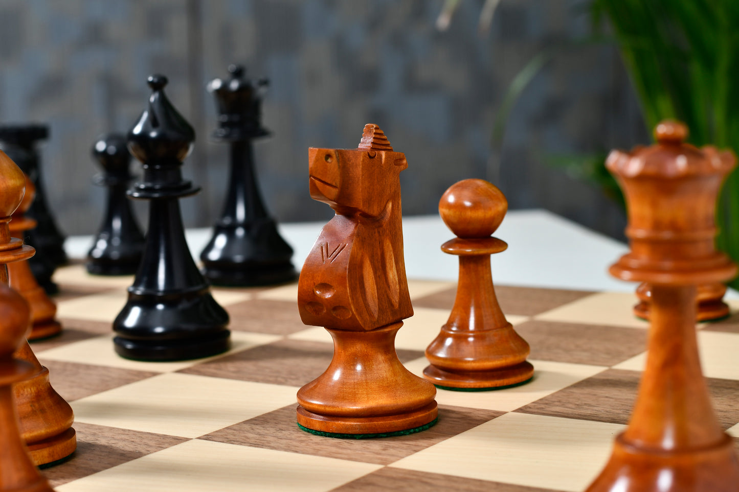 1973 Philippines International Tournament Chess Pieces in Antiqued Wood & Ebonized Boxwood -4.2" King