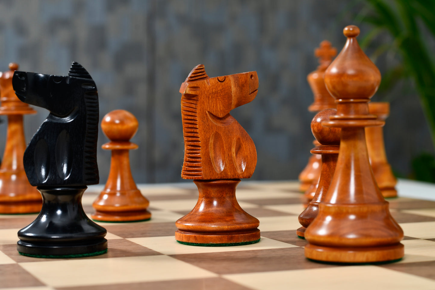 1973 Philippines International Tournament Chess Pieces in Antiqued Wood & Ebonized Boxwood -4.2" King