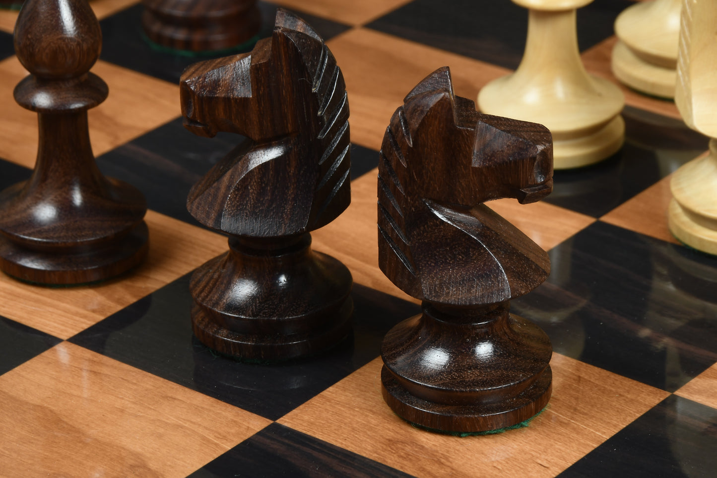 Reproduced Romanian-Hungarian National Tournament Weighted Chess Pieces in Indian Rosewood & Natural Boxwood - 3.8" King