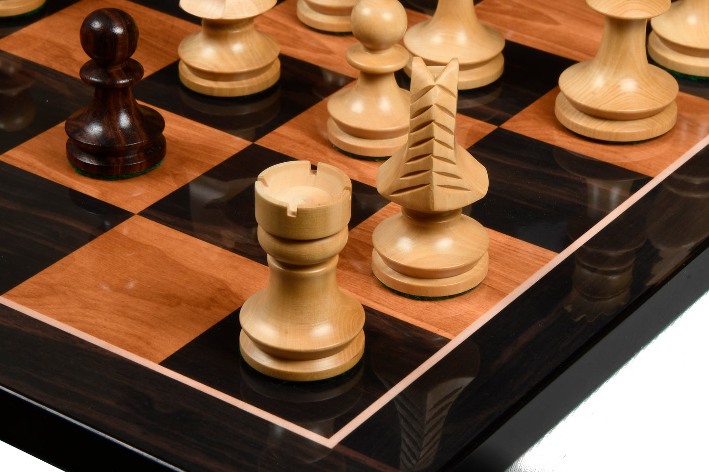 Reproduced Romanian-Hungarian National Tournament Weighted Chess Pieces in Indian Rosewood & Natural Boxwood - 3.8" King