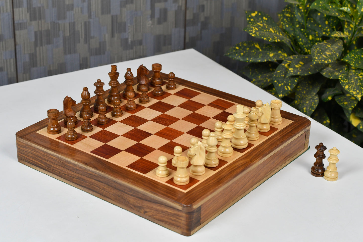 12-Inch Travel Magnetic Chess Set with Drawer Storage – Matte Padauk Wood, Extra Queens