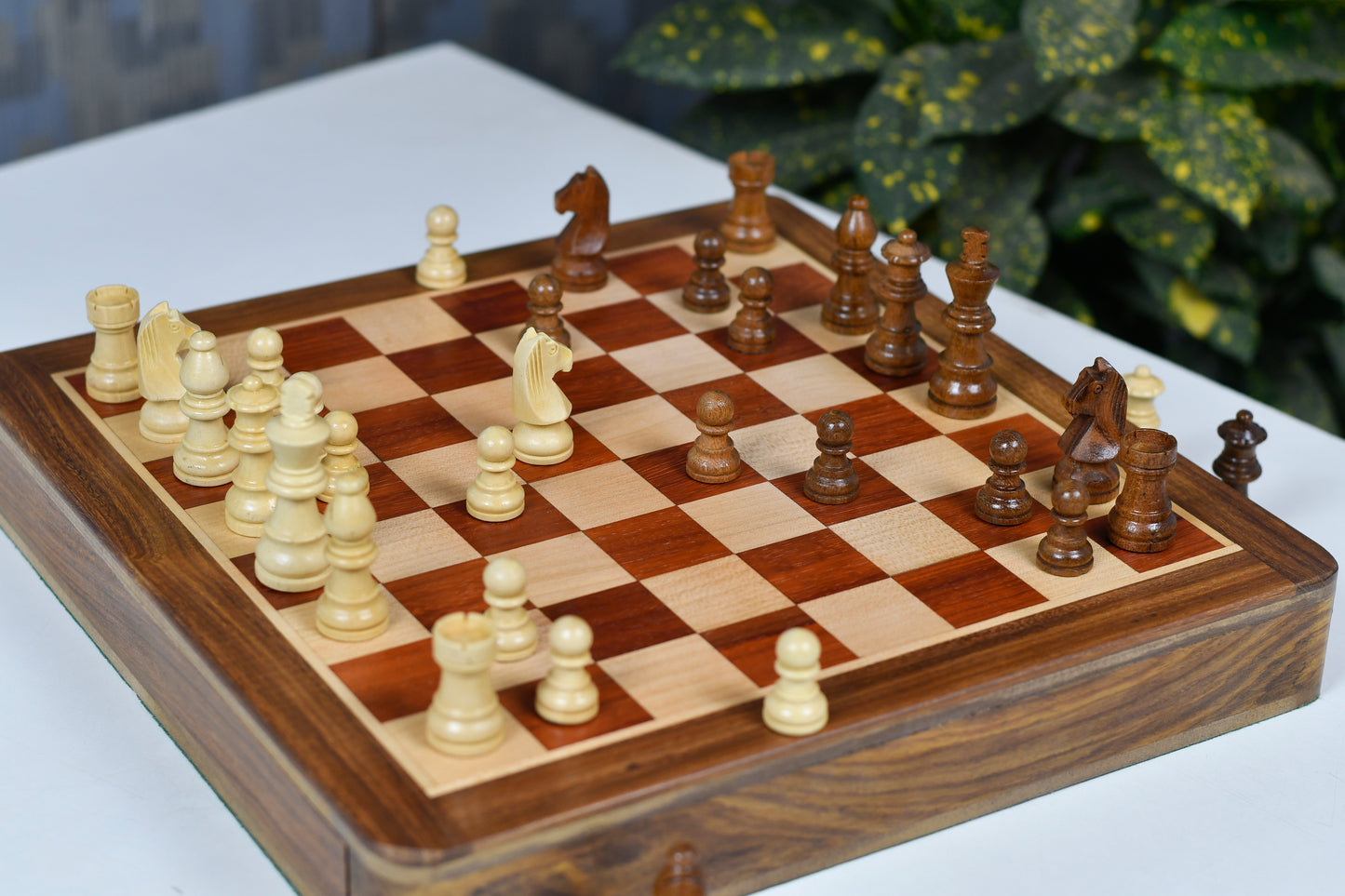 12-Inch Travel Magnetic Chess Set with Drawer Storage – Matte Padauk Wood, Extra Queens