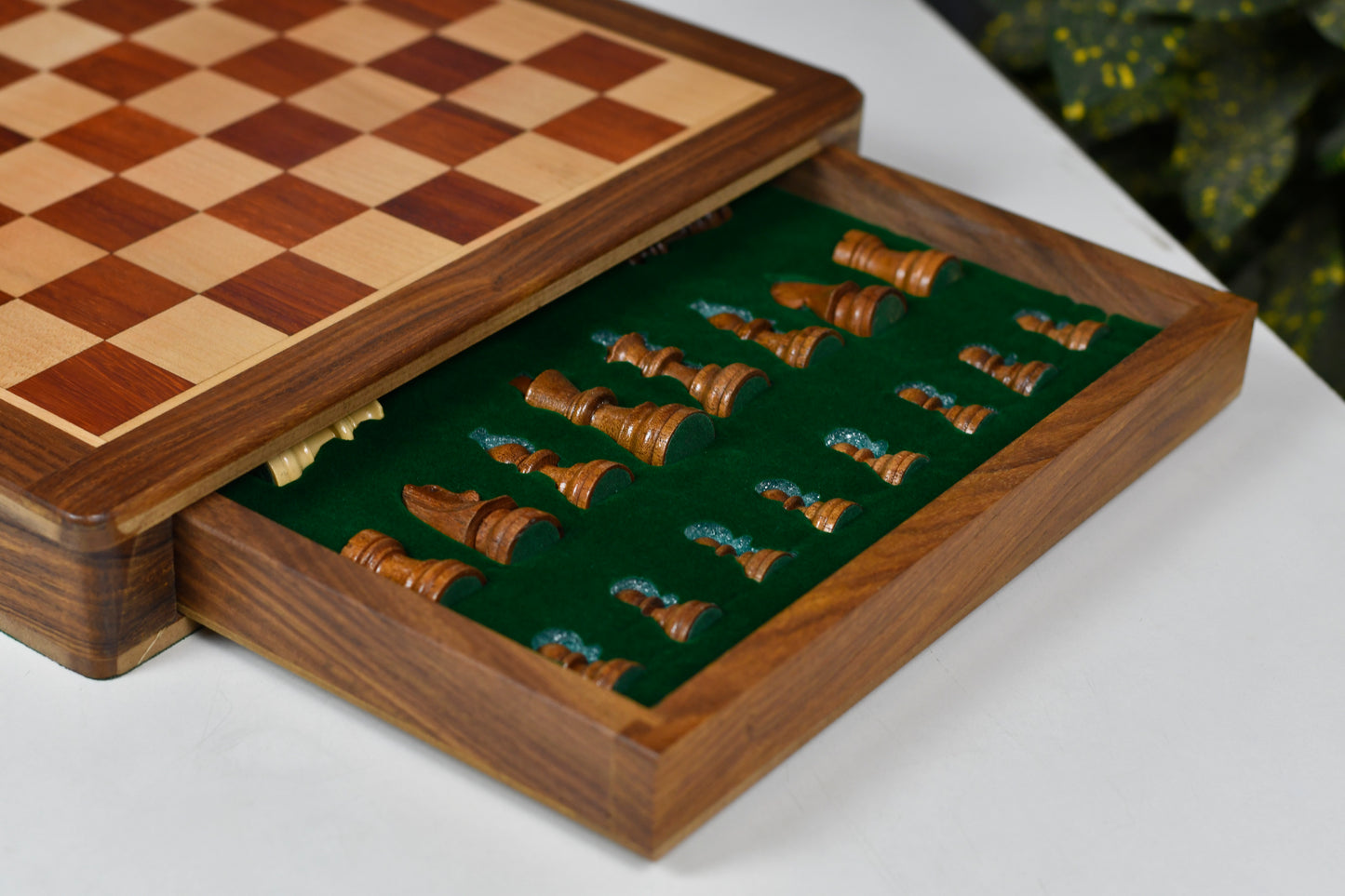 12-Inch Travel Magnetic Chess Set with Drawer Storage – Matte Padauk Wood, Extra Queens