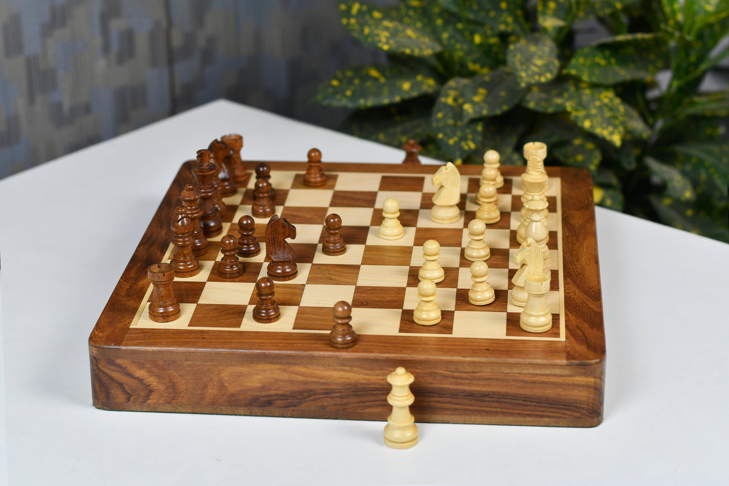 12” Travel Magnetic Chess Set with Drawer Storage – Sheesham & Maple Board