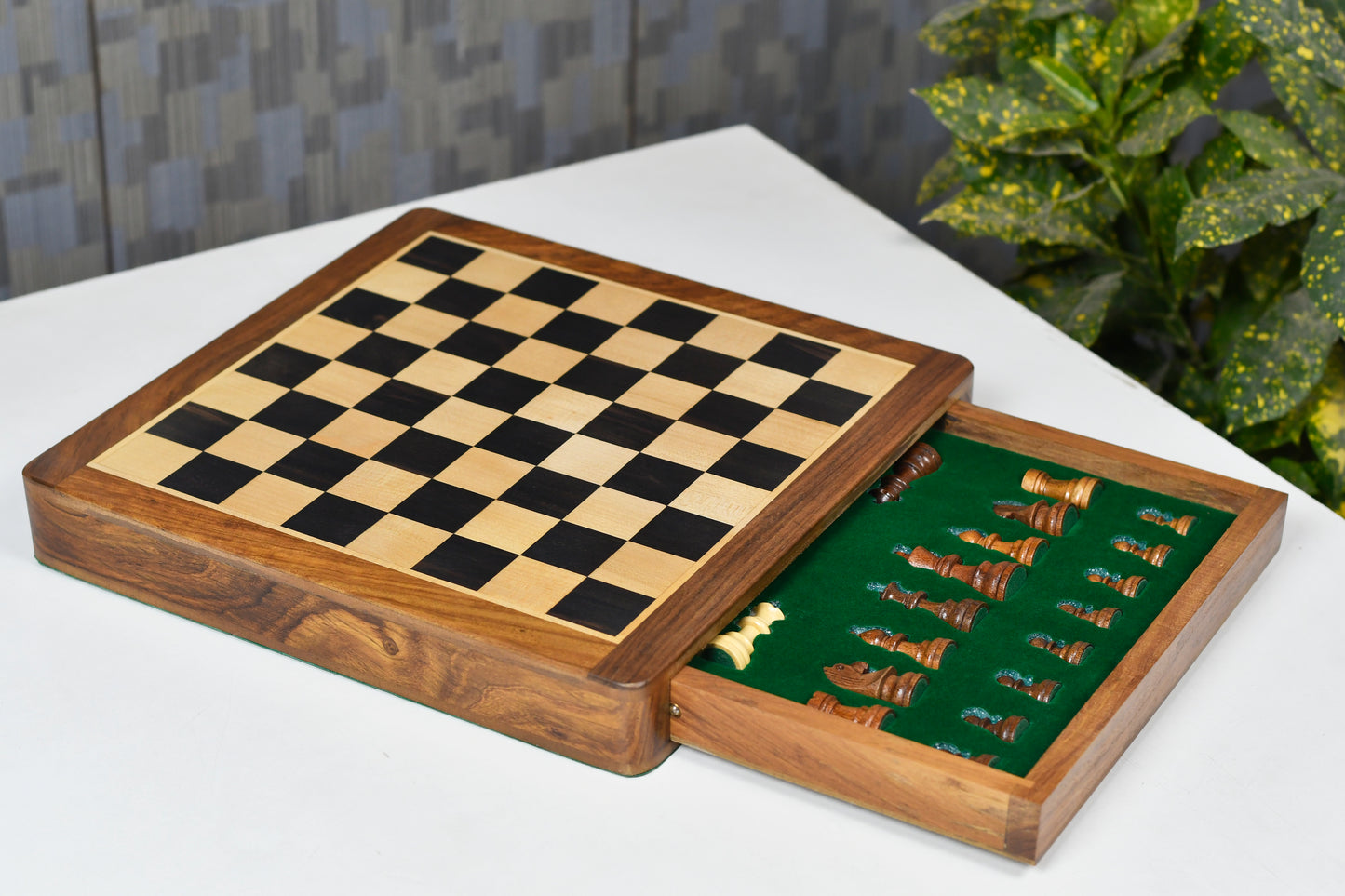 12-Inch Magnetic Travel Chess Set Drawer Storage Matte Finish Genuine Ebony Wood, Extra Queens