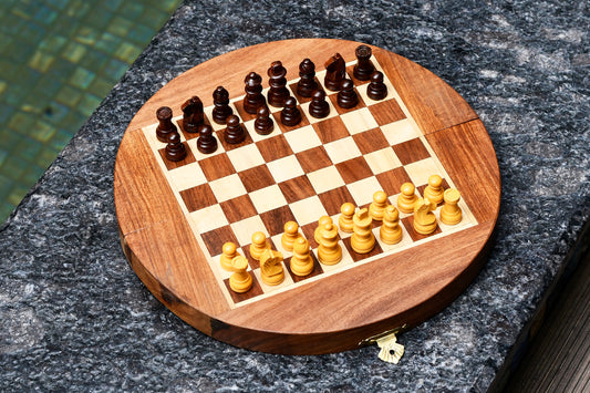 Travel Series Folding Magnetic Round Shape Chess Set In Sheesham wood and Maple-8-3/4"