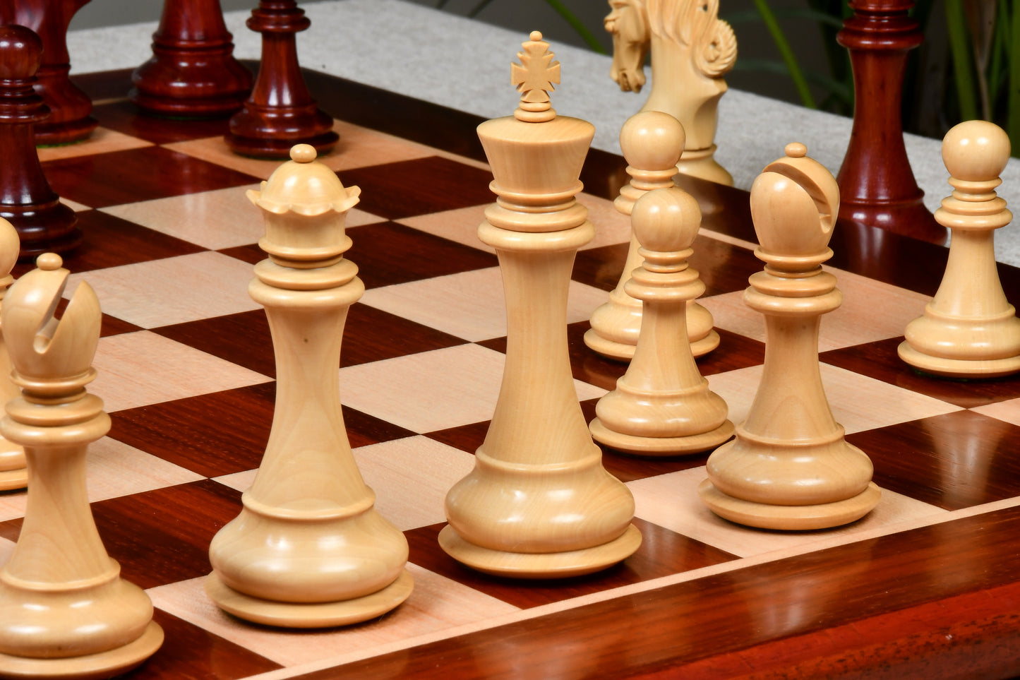 Combo of The Pegasus Series Artisan Staunton Chess Pieces ver 2.0 in Padauk Wood / Boxwood - 4.6" King with Solid Wooden Chess Board - 23"