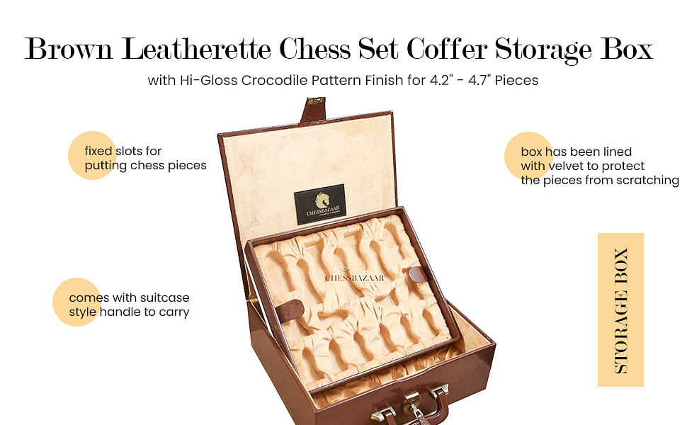 Brown Leatherette Chess Set Coffer Storage Box with Hi-Gloss Crocodile Pattern Finish for 4.2" - 4.7" Pieces