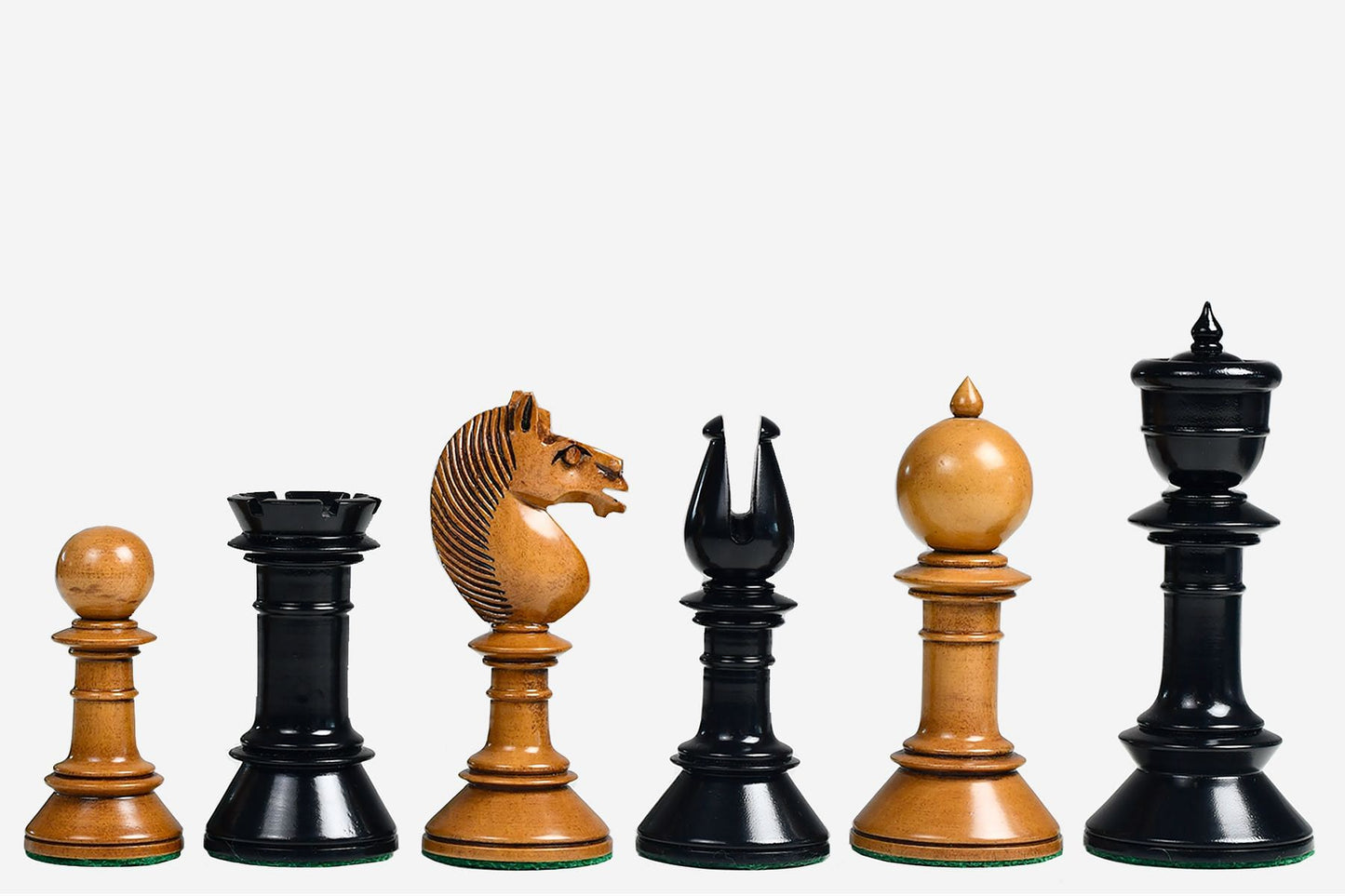 Exclusive Repro Old Antique Edinburgh Upright Chess Pieces in Distressed Boxwood and Ebonized Wood - 4.4" King with Extra Queens