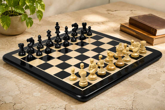 Combo of Reproduced Vintage 1950's Circa Bohemia Staunton Series German Chess Pieces in Ebonized Boxwood & Natural Boxwood - 3.89" King with Wooden Chess Board