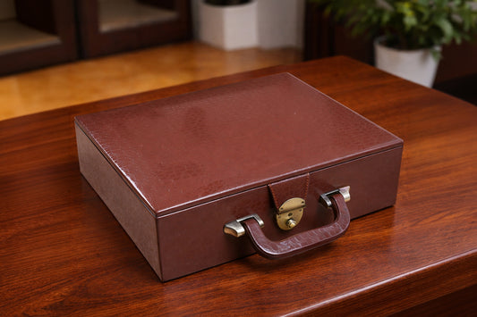 Brown Leatherette Chess Set Coffer Storage Box with Hi-Gloss Crocodile Pattern Finish for 3.6" - 4.1" Pieces