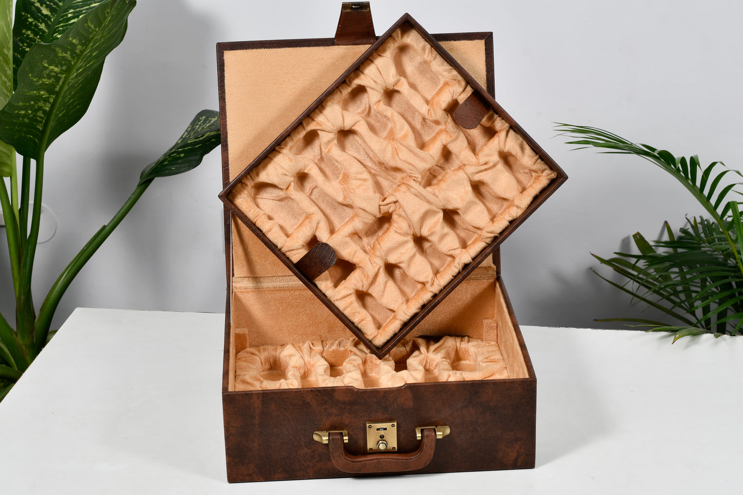 Brown Leatherette Chess Set Storage Box Coffer with Double Tray Fixed Slots for 4.2" - 4.8" Pieces